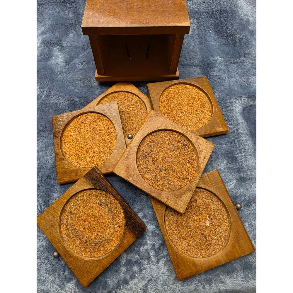 Vintage Price Import Wooden Coaster Set 6 Piece with Cork Inlay and Storage Box